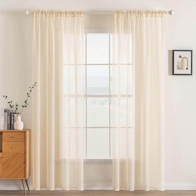MIULEE 2 Panels Solid Color Sheer Window Curtains Elegant Window Voile Panels/Drapes/Treatment for Bedroom Living Room (54 X 90 Inches Cream Beige)