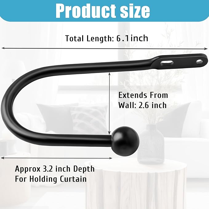 VRSS Wall Mount Curtain Tiebacks Drapery Holdbacks Curtain Holdback Hooks 6" L x 3" W Simple Style (8pcs Black)