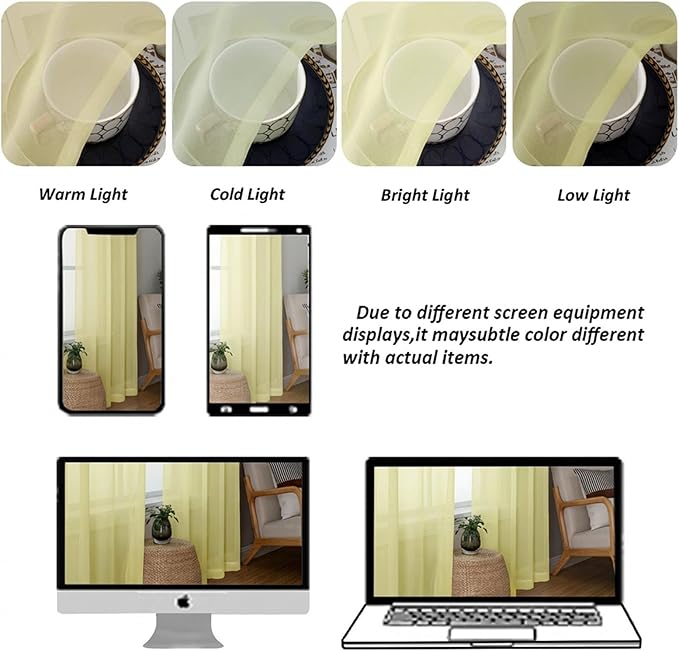 Chyhomenyc Sheer Curtains 72 Inch Length 2 Panels - Light Filtering Soft Airy Rod Pocket Voile Window Curtain Drapes for French Door Bedroom Living Room, 42Wx72L Inch, Light Yellow
