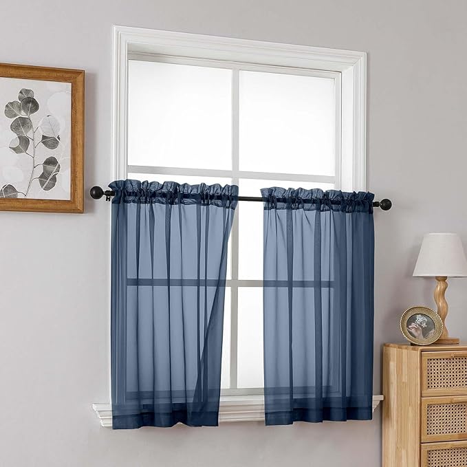 Navy Blue Sheer Curtains Tier 30 Inches Length 2 Panels, Light Filtering Lightweight Soft Window Treatments Drapes, Cute Elegant Cafe Curtains for Nursery, Dual Rod Pocket, 2x42Wx30L Inches