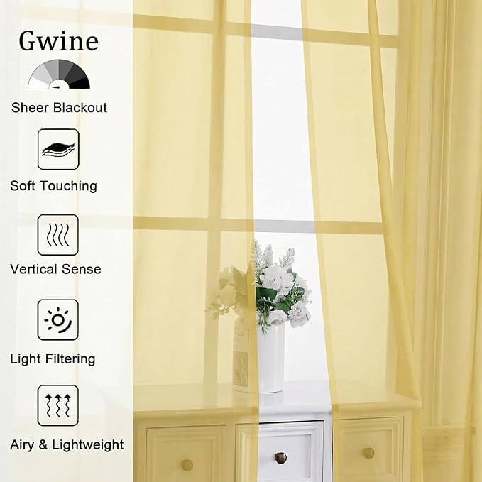 Gwine Short Kitchen Sheer Curtains 30 Inch Length - Light Filtering Voile Small Half Window Curtain for Basement, Rod Pocket Cafe Curtains for Bathroom Cabinet, 42Wx30L Inch, 2 Panels, Yellow