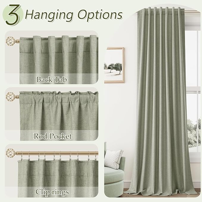 Sage Green 100% Blackout Curtains 40 Inch Wide by 90 Inch for Living Room Bedroom Back Tab Thermal Insulated Black Out Linen Drapes Room Darkening Window Curtains