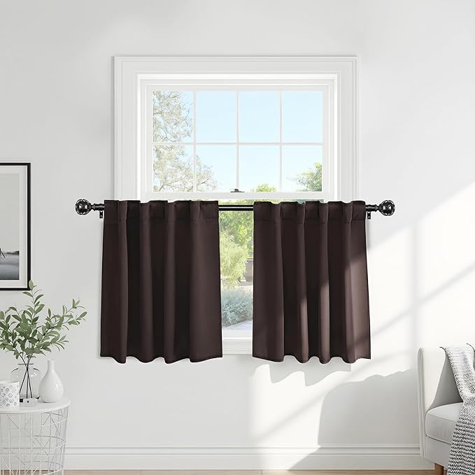 PONY DANCE Blackout Curtains Short - Kitchen Window Draperies Energy Efficient Thermal Insulated Back Tab/Rod Pocket Curtain Panels/Window Treatments for Bathroom, 42 W x 30 L, Brown, 2 Pieces