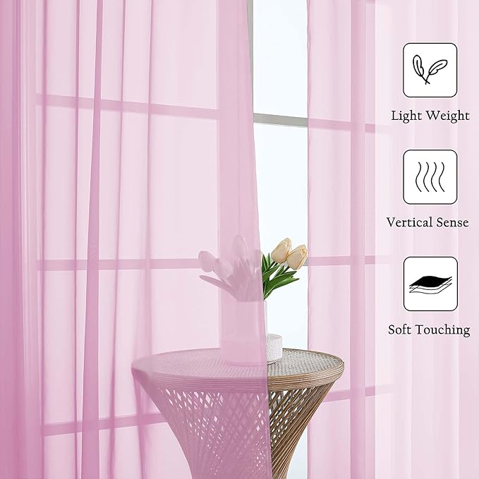 Lecloud Light Pink Sheer Curtains 108 Inches Long 2 Pcs, Airy Light Filtering Rustic Farmhouse Curtains for Bedroom, Dual Rod Pocket Solid Color Living Room Decor Drapes, Each Panel 59" W x 108" L
