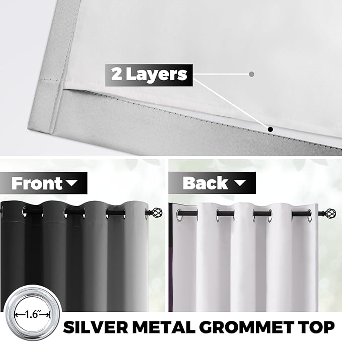 Yakamok 100% Blackout Curtains 72 Inch Length 2 Layers,Black Curtains for Bedroom Ombre Room Darkening Grommet Gradient Drapes, Light Blocking Thermal Insulated Window Curtains for Living Room