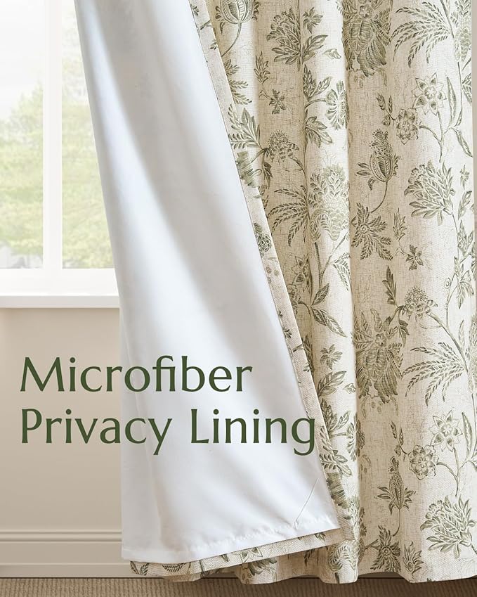 jinchan Lined Linen Floral Curtains for Living Room, 84 Inch Length Printed Flower Farmhouse Patterned French Country Back Tab Green Window Drapes Set Privacy Bedroom Curtains, 2 Panels