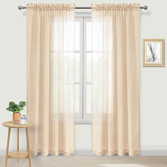 DWCN Beige Sheer Curtains Semi Transparent Voile Rod Pocket Curtains for Bedroom and Living Room, 52 x 84 inches Long, Set of 2 Panels