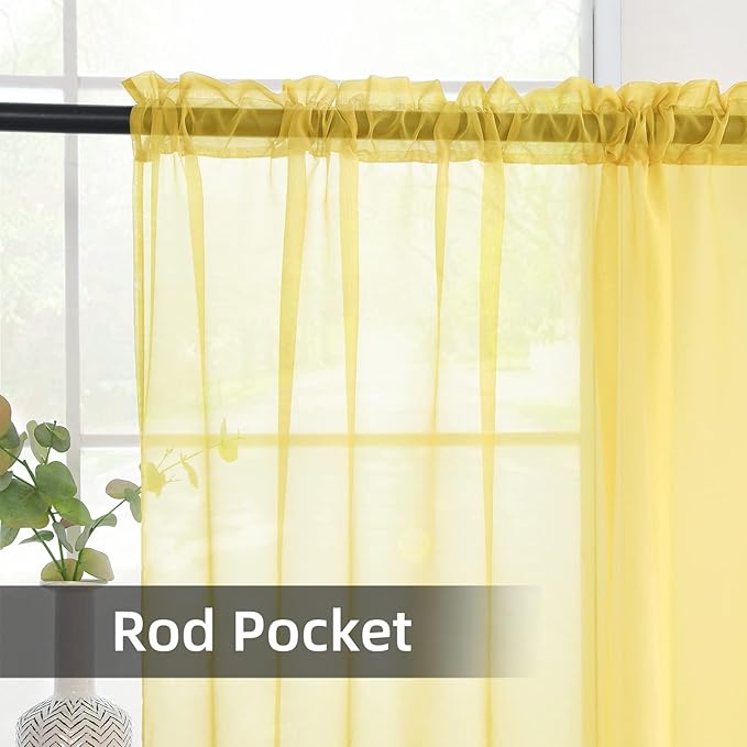 youleyar Solid Sheer Rod Pocket Curtain Voile Draperies 2 Panels White Beige Black Grey Coffee 52 Inch Width 45 Inch Long 1 Pair for Kitchen Bedroom Children Living Room Yard (Yellow,52Wｘ45L)