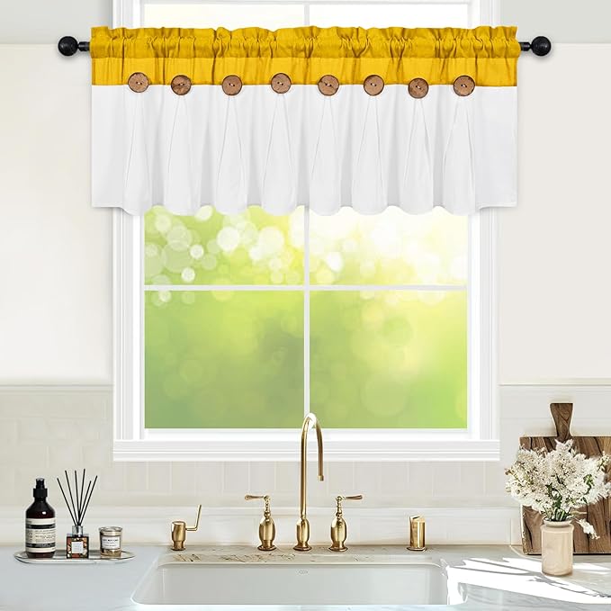 FRAMICS Farmhouse Valance Curtains, Boho Cotton Linen Kitchen Valance, Yellow Rustic Button Window Valances for Kitchen Bathroom, Rod Pocket Valances for Windows, Yellow and White, 52 x 18 Inch
