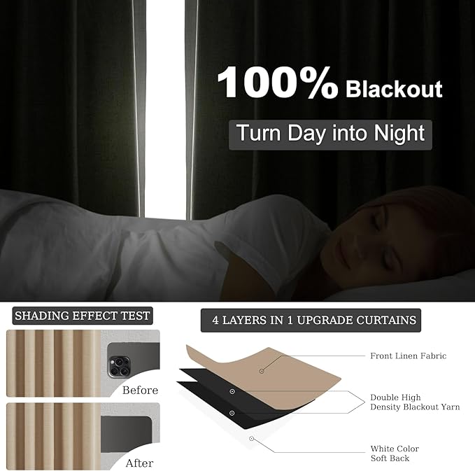 Topfinel Blackout Linen Blend Curtains 96 Inches Long 2 Panels,Black Out Drapes for Bedroom Living Room, Back Tab and Rod Pocket,Pinch Pleat Style with Hooks,Tan Light Taupe 52" Wide and 96" Length