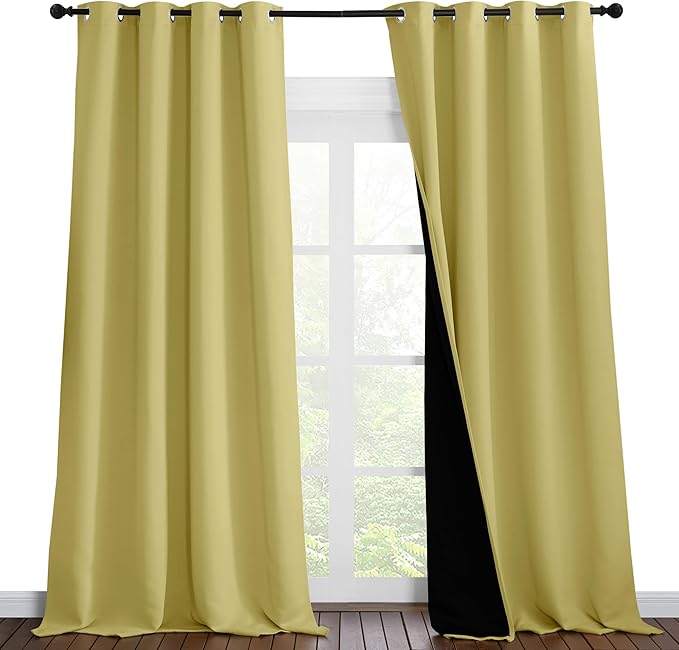 NICETOWN 100% Blackout Blinds, Set of 2, 52 inches x 102 inches, Laundry Room Decor Window Treatment Curtains for Large Patio Sliding Door, Thermal Insulated Paler Yellow Curtains for Bedroom