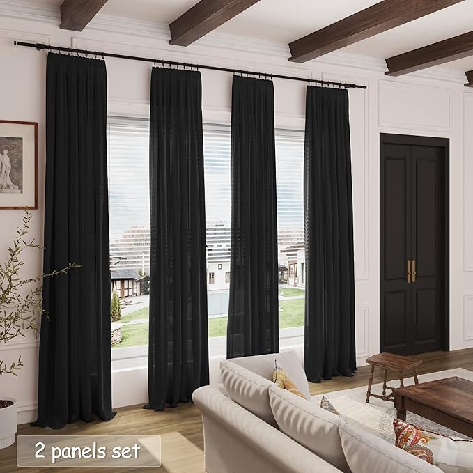 Black Linen Textured 96 Inch Curtains 2 Panel Set Back Tab Rod Pocket Sheer Light Filtering Boho Room Decor Aesthetic Curtains Burlap Look Curtain Drapes for Living Room Bedroom 8Ft 40x96 Inches