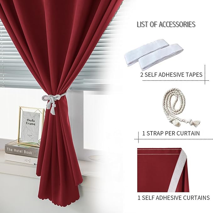 Self Adhesive Curtains, Stick Curtain Blackout Shades Window Cover Curtains for Living Room No Drilling, 35" W X 71" L, Burgundy, 1 Panel