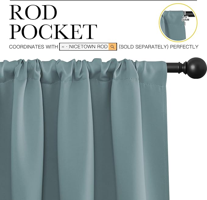 NICETOWN Greyish Blue Blackout Curtains Panels for Window, Thermal Insulated Rod Pocket Blackout Drapes/Draperies for Living Room (2 Panels, W62 x L63 inches)