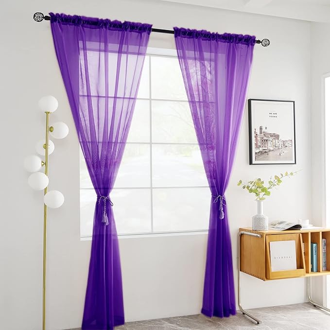 youleyar Solid Sheer Rod Pocket Curtain Voile Draperies 2 Panels White Beige Black Grey Coffee 52 Inch Width 90 Inch Long 1 Pair for Kitchen Bedroom Children Living Room Yard (Purple,52Wｘ90L)