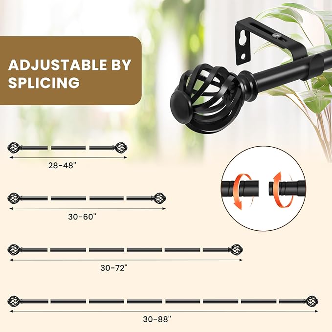 Luvenia Black Decorative Curtain Rod,Adjustable Curtain Rods For Windows 30 to 60 Inch(2.5-5Ft),Curtain Rod For Bedroom, Living Room,Kitchen,Farmhouse