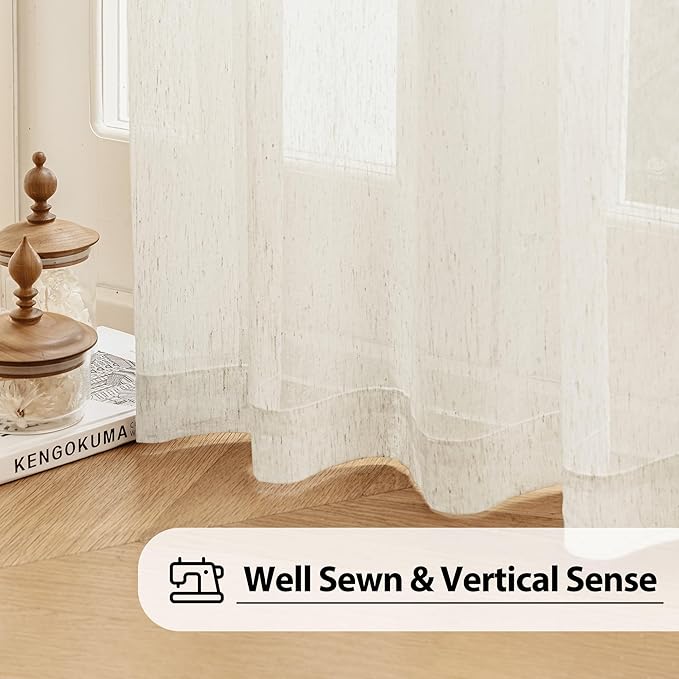 FMFUNCTEX Linen Sheer Sliding Door Curtains for Bedroom, Beige Curtains 96 Inches Long Window Curtain Drapes for Living Room, Natural Patio Glass Door Extra 100 Wide Curtain, Rod Pocket 1 Panel