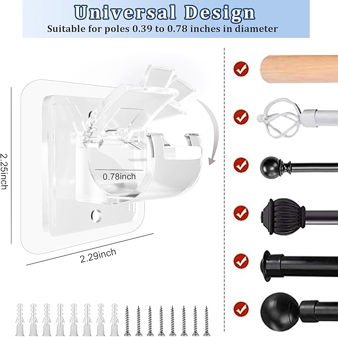 Codoule Self Adhesive No Drill Adjustable Curtain Rod Holder Hooks Brackets, Nail Free, No Drilling Hangers for Bathroom, Kitchen, Home, Bathroom and Hotel, Transparent, 8PCS