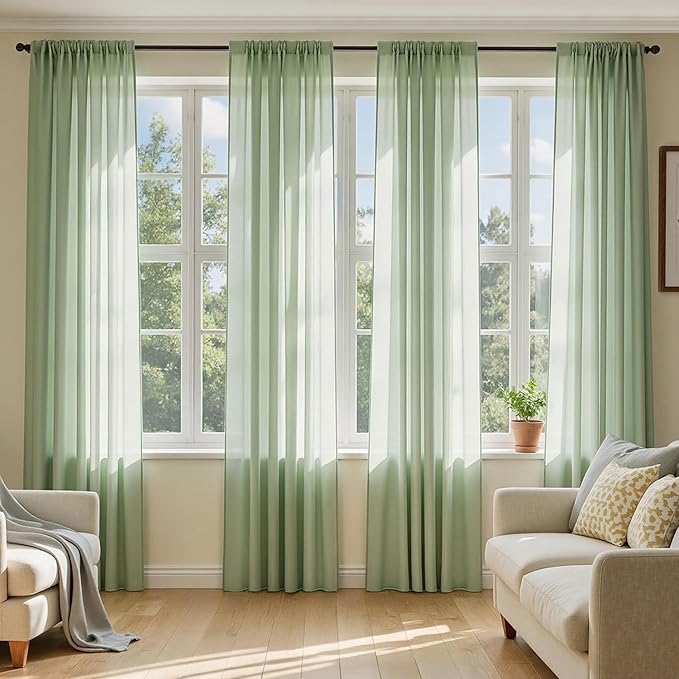 MIULEE Sage Green Sheer Curtains 72 Inches Long, 4 Panels Set, Light Filtering Rod Pocket Voile Drapes Window Treatments, Semi Transparent Airy Fabric for Bedroom and Living Room, 54 x 72 Inches