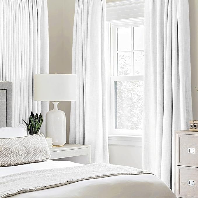 MIULEE Linen Textured Curtains for Bedroom Solid 100% Blackout Thermal Insulated Bright White Grommet Room Darkening Curtains & Drapes Luxury Decor for Living Room Nursery 52 x 63 Inch (2 Panels)