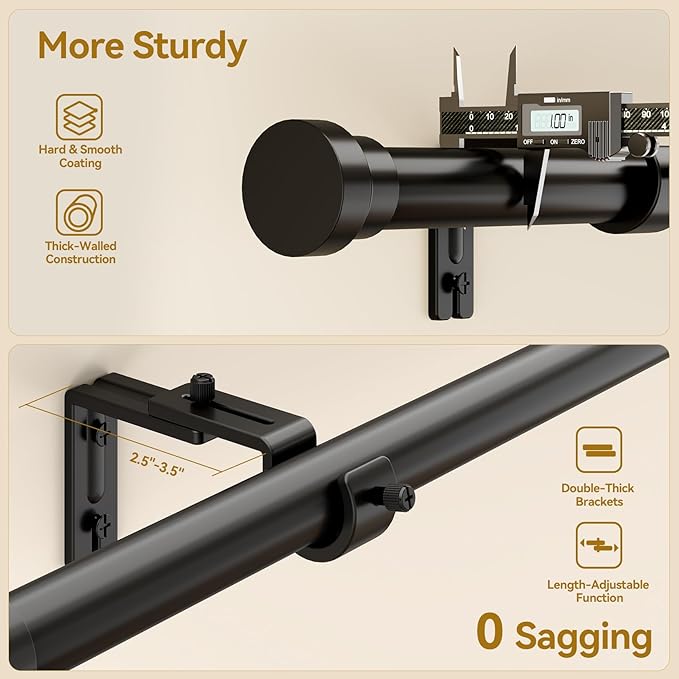 YaFex Curtain Rods 2 Pack 32-84 Inch, Heavy Duty 1 Inch Curtain Rod, Black Long Adjustable Window Treatment Rods, Modern Design, Easy Installation