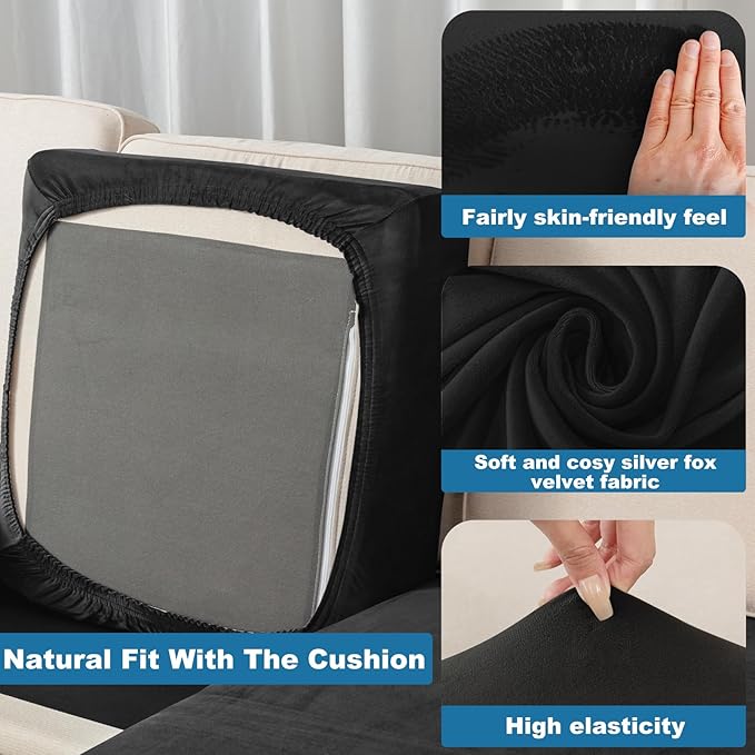 Couch Cover 8-Piece Elastic Velvet Couch Cushion Covers & Chaise Slipcovers for L-Shaped Sofas, Sofa Seat Covers Washable, Soft Cover for Couches (7 Seater + Chaise, Black)