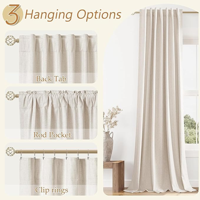Guken 100% Blackout Linen Curtains 98 Inch Wide by 52 Inch 2 Panels Set for Living Room Bedroom Back Tab Thermal Insulated Black Out Drapes Room Darkening Window Curtains, Linen