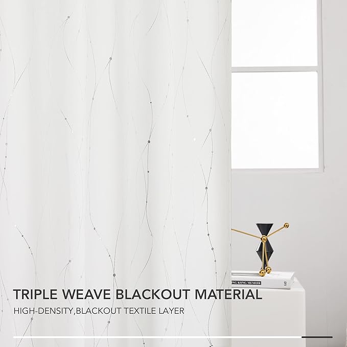 Deconovo Blackout Grommet Silver Pattern Printed Curtains, Pure White, 52W x 72L
