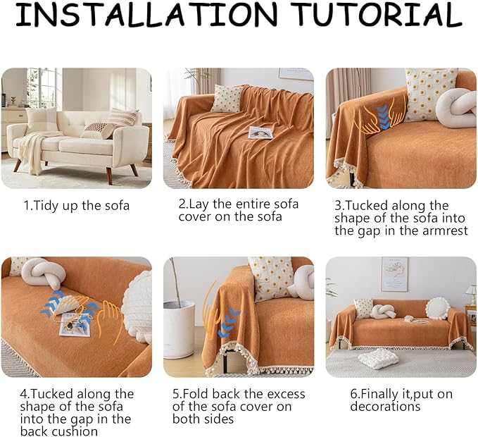 HANDONTIME Dark Orange Sofa Covers Couch Cover for Dogs Colorful Tassel Lovetseat Cover Pet Couch Cover Bohemian Sofa Cover for Couch Vintage Boho Couch Covers Futon Cover Pet-Friendly, 91" X118"