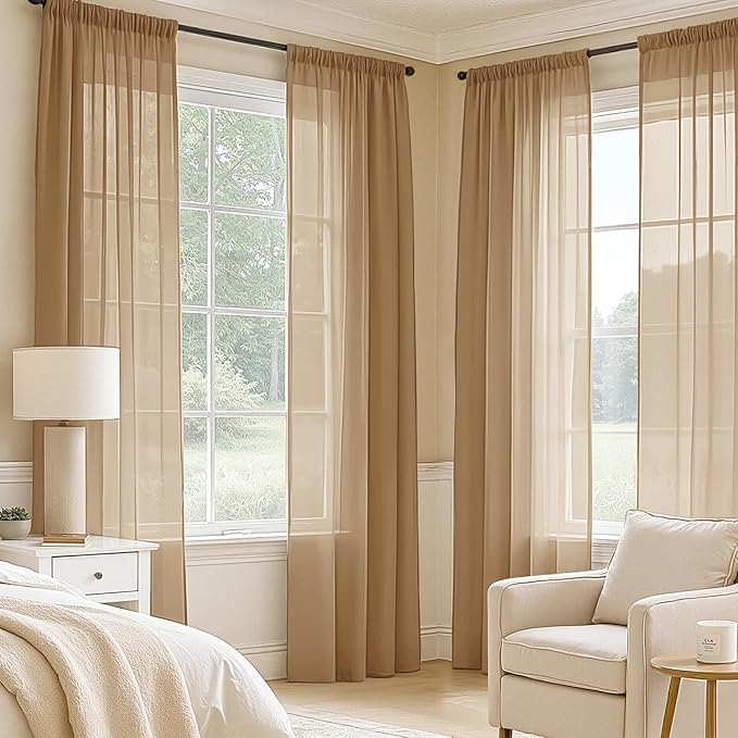 MIULEE Brown Sheer Curtains 84 Inches Long, 4 Panels Set, Rod Pocket Voile Drapes Light Filtering and Semi Transparent, Elegant Window Treatments for Bedroom Living Room,42 x 84 Inches