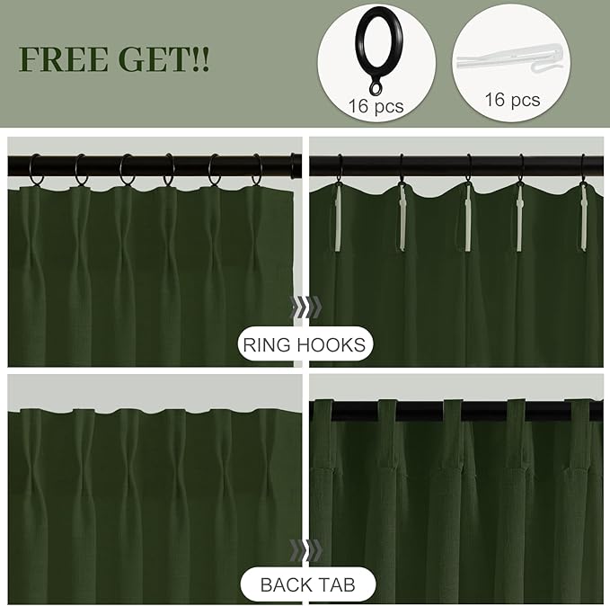 IVAPUPU Pinch Pleated Curtains 90 Inch Length 2 Panels for Living Room, Light Filtering Linen Blend Semi Sheer Pleated Curtain with Rings Modern Back Tab Drapes for Bedroom Office, 40x90, Olive Green