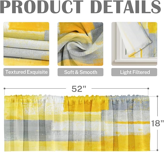 Emvency 4 Pack Valances Window Treatments, Yellow and Grey Abstract Modern Art Blackout Adjustable for Living Room Bathroom Bedroom Kitchen Over Sink, 52x18 Inch Rod Pocket Valances