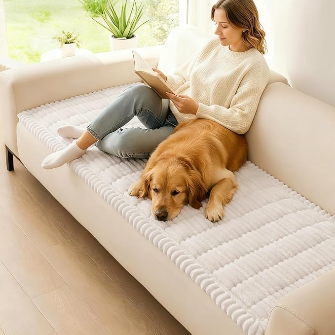 hyha Couch Covers for Dogs Washable, Non Slip Plush Dog Sofa Protectors, Fuzzy Pet Couch Covers for 3 Cushion Sofa Pet Friendly (White, 27.6" x 47")