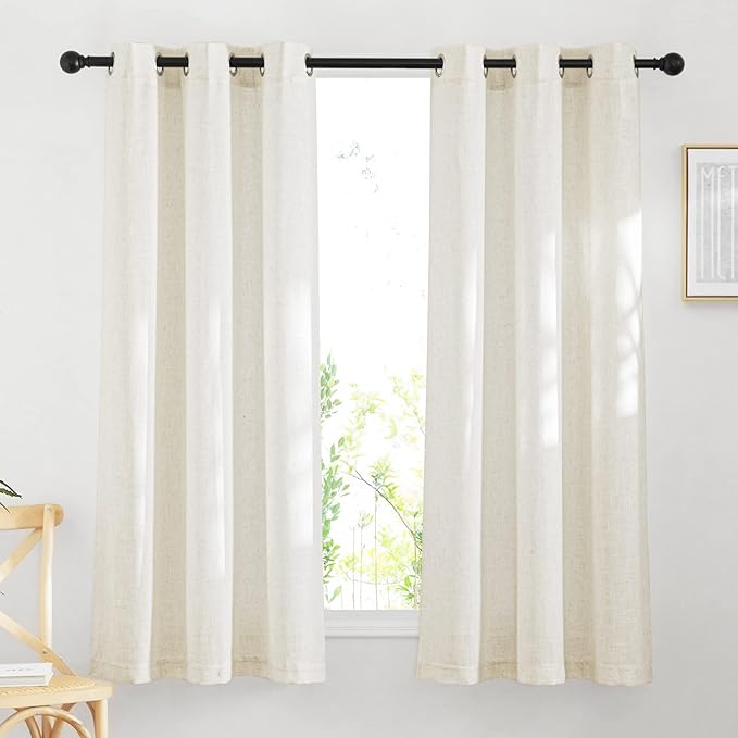 NICETOWN Linen Burlap Bedroom Curtains 63 inches Long, Grommet Semi Sheer Flax Linen Weve Drapes Privacy with Light Filtering Window Treatmentes for Kids Room, W42 x L63, Set of 2