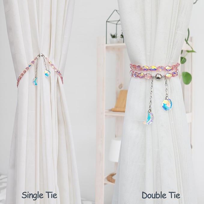 PEDOBO Magnetic Curtain Tiebacks, 2 Pack Crystal Beaded Sun & Moon Pendants Sheers/Draperies Holdbacks for Window Home Office Decor (Pink)