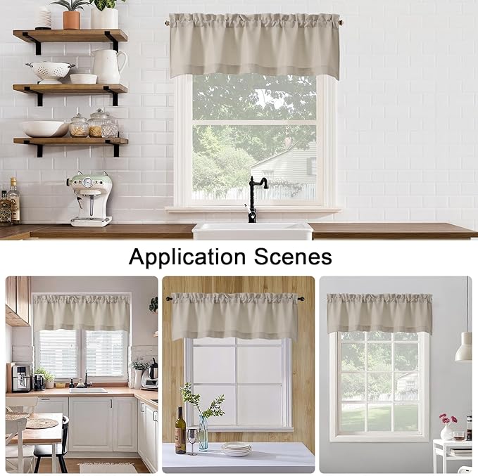 Chyhomenyc Valance for Windows, Faux Linen Slub Textured Semi Sheer Small Window Kitchen Curtain, Rod Pocket Cafe Valance for Bathroom Laundry Basement, 60Wx14L inch, 1 Piece, Moon Beige