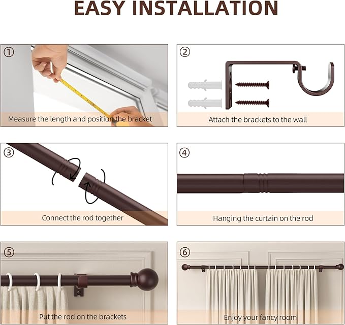 SMODBRODRE Curtain Rods for Window 32 and 48, Brown 5/8 inch Splicing Single Window Curtain Rod Set with Brackets
