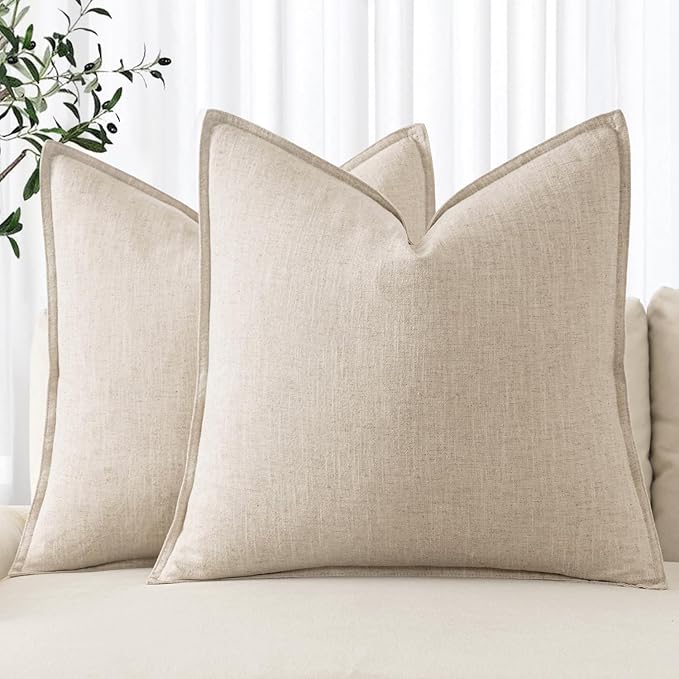 MIULEE Decorative Linen Euro Sham Pillow Covers 22x22 Inch Natural Beige Boho Farmhouse Neutral Couch Throw Pillows for Bed Pack of 2 Accent Modern Pillowcase Sofa Livingroom Home Decor