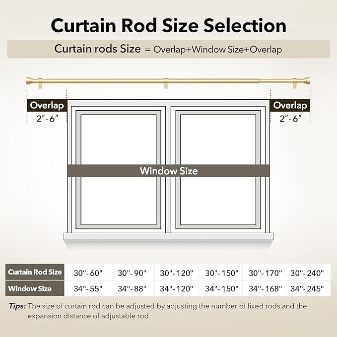 IFELS 2 Pack Heavy Duty Curtain Rods for Windows 48 to 84 Inch, 1 Inch Gold Adjustable Curtain Rod Set with Easy Installation and Modern Design (A1,Gold,30-90",2Pack)
