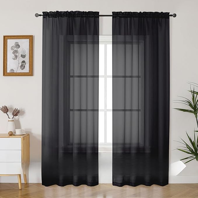 Gwine Black Sheer Curtains 90 Inches Long 2 Panels Set, Light Filtering Solid Filmy Drapes for Living Room Bedroom, Elegant Soft Rod Pocket Voile Sheer Window Curtains, 42Wx90L Inch, 2PCS, Black