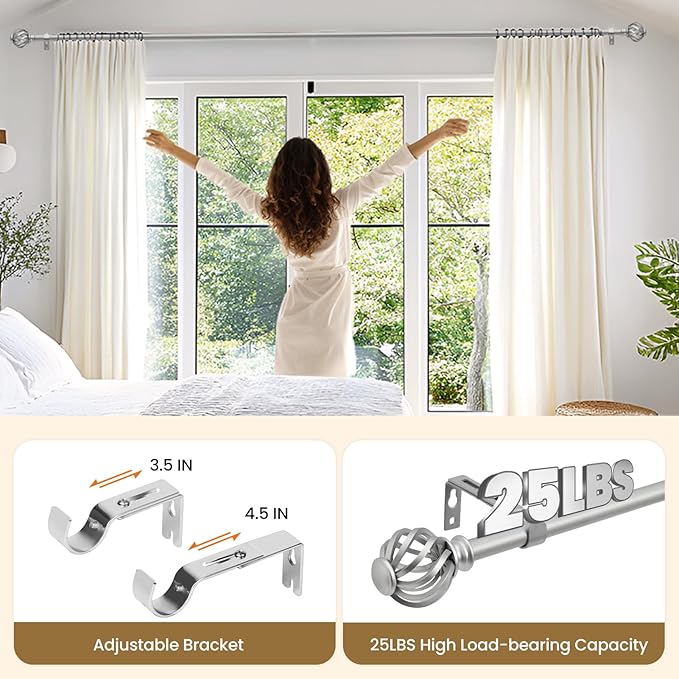 Luvenia Silver Decorative Curtain Rods, 28 to 48 Inch (2.3-4Ft), Small Curtain Rod For Bedroom, Living Room, Kitchen, Farmhouse