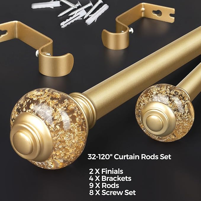 7/8 inch Curtain Rods for Windows 66 to 120 Inch, USFOOK Telescoping Splicing Drapery Rods, Decoration for Home with Luxury Gold Decorative Translucent Finials