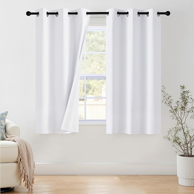 NICETOWN 100% Blackout Window Curtain Panels 63 inch Length for Bedroom, Set of 2, Snow White, 42 inches Wide, Thermal Insulated Drapes