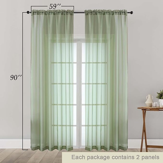 Sheer Green Curtains for Bedroom Living Room 90 Inches Long 2 Panels Set, Soft Airy Light Filtering Sheer Window Treatments, Modern Rod Pocket Curtains Drapes, Each 59" Wx90 L Inch