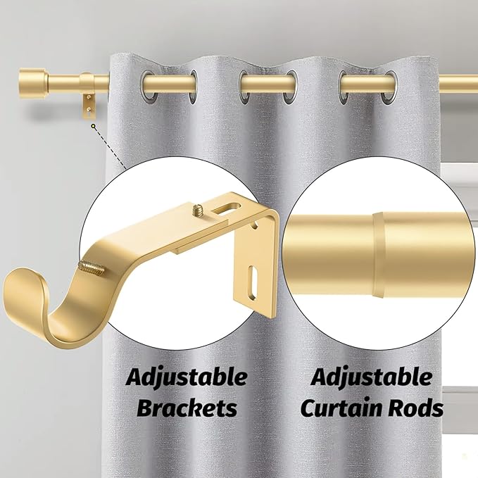 GEEBOBO 2 Pack Gold Curtain Rods for Windows 66 to 120 Inch, 1 Inch Adjustable Heavy Duty Easy Install Curtain Rods Set for Outdoor, Patio, Farmhouse, Bedroom, Living Room (Gold,30"-120",2 Pack)