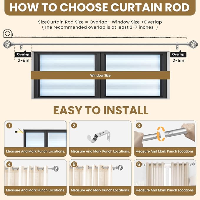 Luvenia Silver Decorative Curtain Rods,Adjustable Curtain Rod For Windows 30 to 88 Inch(2.5-7.3Ft),Long Curtain Rod For Bedroom, Living Room,Kitchen,Farmhouse