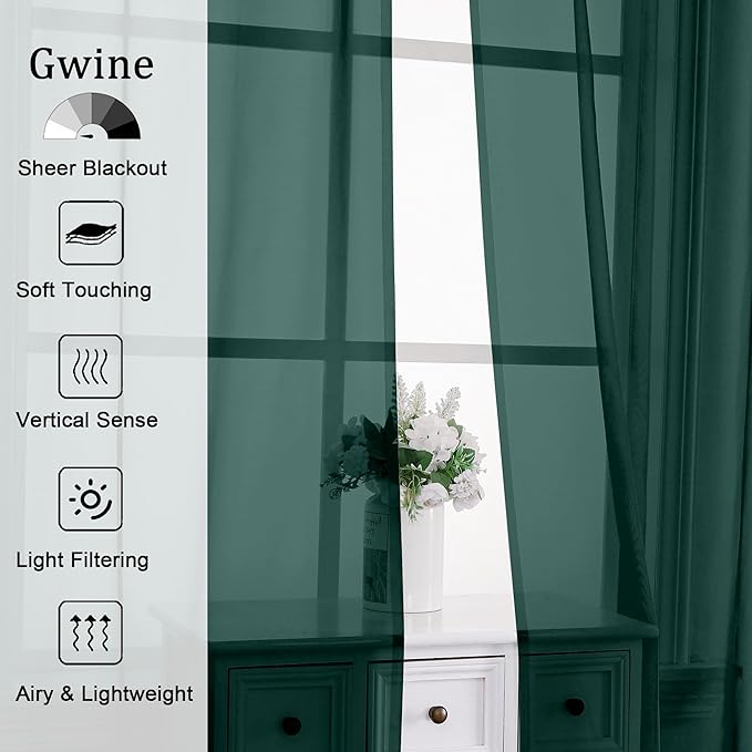 Gwine Hunter Green Sheer Curtains 30 Inch Length, Short Light Filtering Voile Small Cafe Kitchen Curtains with Rod Pocket, Short Curtain for Bathroom Window, 42x30 Inch, 2PCS
