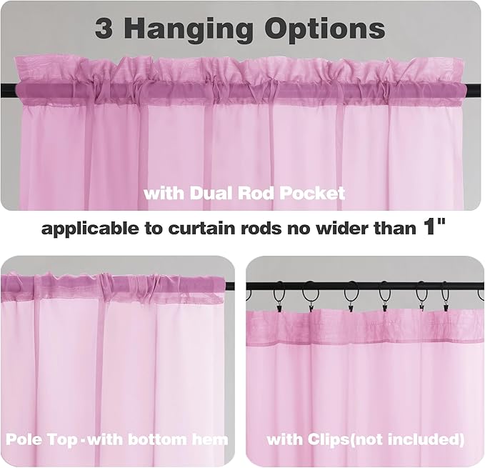 Chyhomenyc Pink Sheer Curtains 54 Inch Long 2 Panels, Light Filtering Rod Pocket Voile Short Curtains Drapes for Living Room Bedroom Small Windows, 42Wx54L Inches