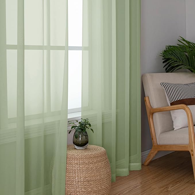 Chyhomenyc Light Green Sheer Curtains 63 Inches Long 2 Panels Set- Light Filtering Curtains for Bedroom, Soft Airy Voile Rod Pocket Living Room Window Drapes, 42Wx63L Inches, 2 PCS