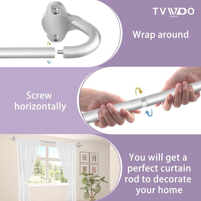 TVWOO Silver Wrap Around Curtain Rods:5/8 In Blackout Adjustable Window Curtain Rod for Bedroom Kitchen Apartment Renter Friendly,Room Darkening Curved Drapery Rods Easy Install,Antique Silver 48-90"